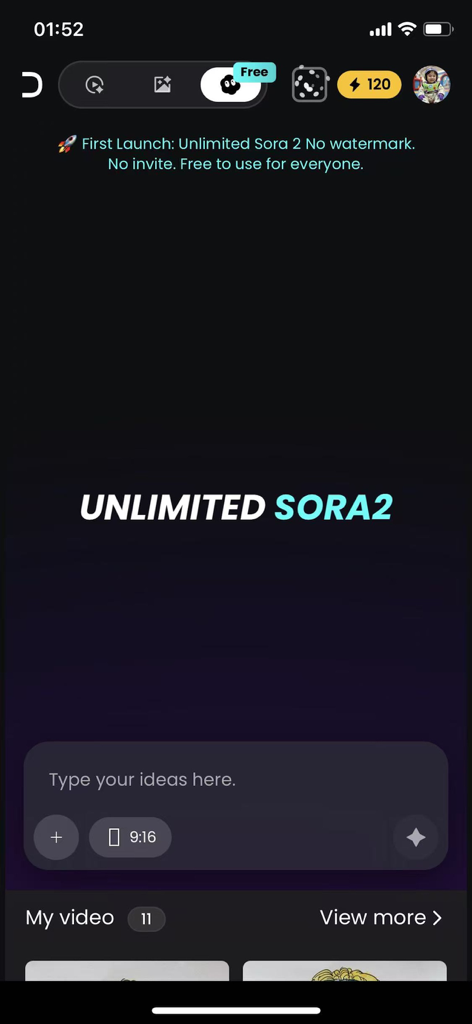 Interfaz de la aplicación móvil DIGEN mostrando la pantalla de generación ilimitada de vídeo con IA Sora 2