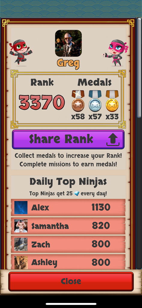 Grammar Ninja app leaderboard screen showing player rank medals and daily top ninjas