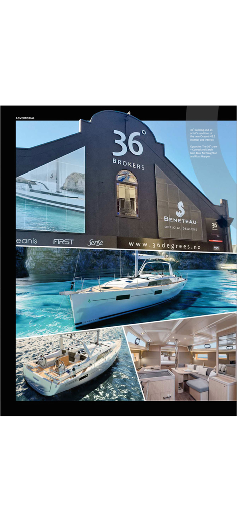 Página de la revista digital con yates Beneteau y el escaparate de 36 Degrees Brokers