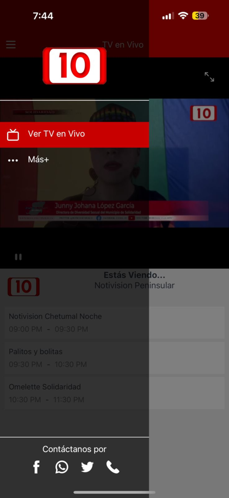 Canal 10 - Pantalla de la app móvil Canal 10 mostrando el menú de TV en vivo y el horario de programas regionales