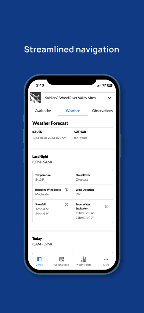 Smartphone-Display, das Wettervorhersagedaten für Bergregionen in der Avy-App zeigt