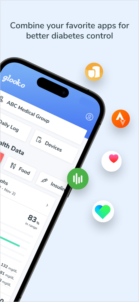 Glooko mobile app dashboard showing diabetes tracking data and integrations with other health apps