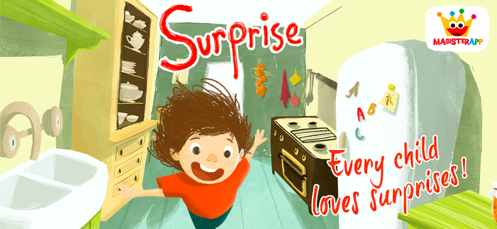 Surprise Easter Games for Baby - Cartoon child in a colorful kitchen with the text Every child loves surprises