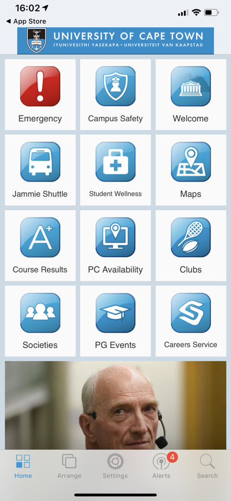 University of Cape Town - University of Cape Town mobile app home screen with icons for campus safety shuttle schedules and academic services