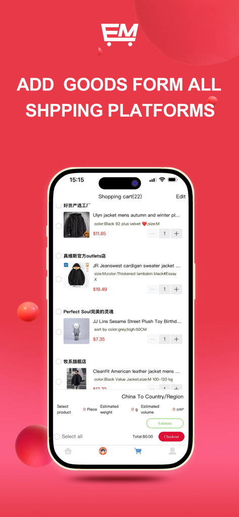 Eastmallbuy - Interface do aplicativo Eastmallbuy mostrando um carrinho de compras com itens de streetwear e uma ferramenta de estimativa de frete da China.