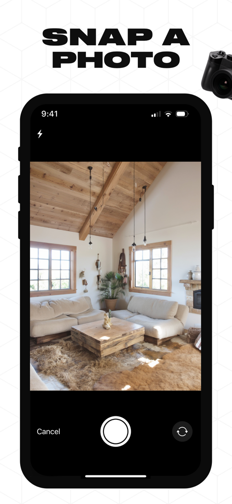 Interfaz de la aplicación Home.AI que muestra la vista de cámara de una sala de estar con el texto Saca una foto