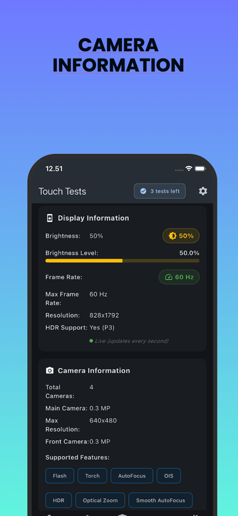 Touchscreen Test DiagX - Interfaz de diagnóstico de la aplicación que muestra especificaciones técnicas para el hardware de pantalla y cámara del dispositivo