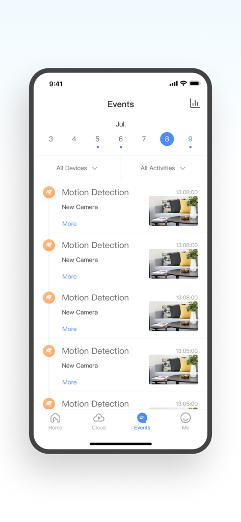 SQCOM mobile app interface showing a list of motion detection events with time stamps and video thumbnails