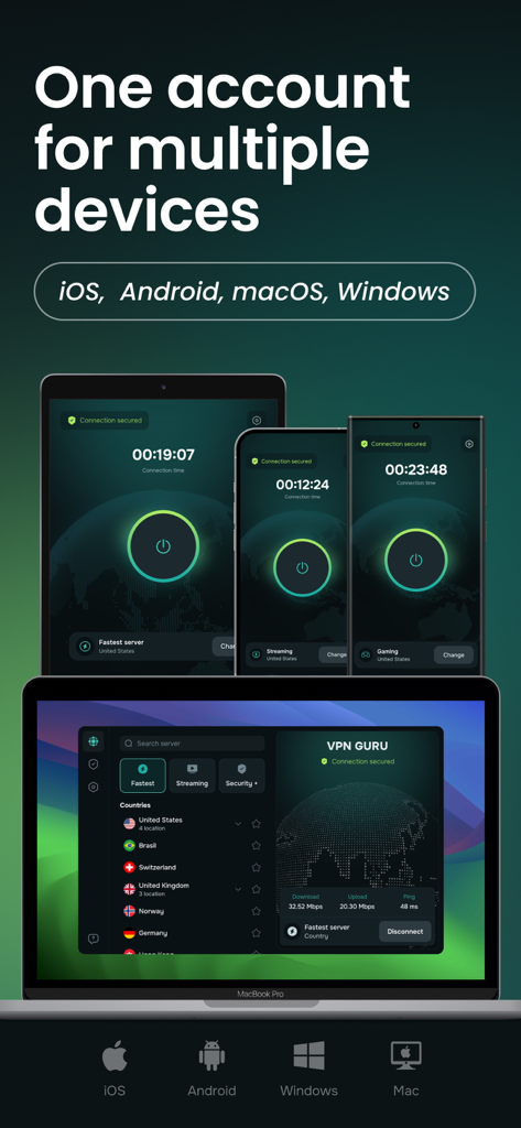 Guru VPN: Super Fast Unlimited - Interfaz de la app Guru VPN mostrada en un portátil, tablet y smartphones, indicando compatibilidad con iOS, Android, macOS y Windows