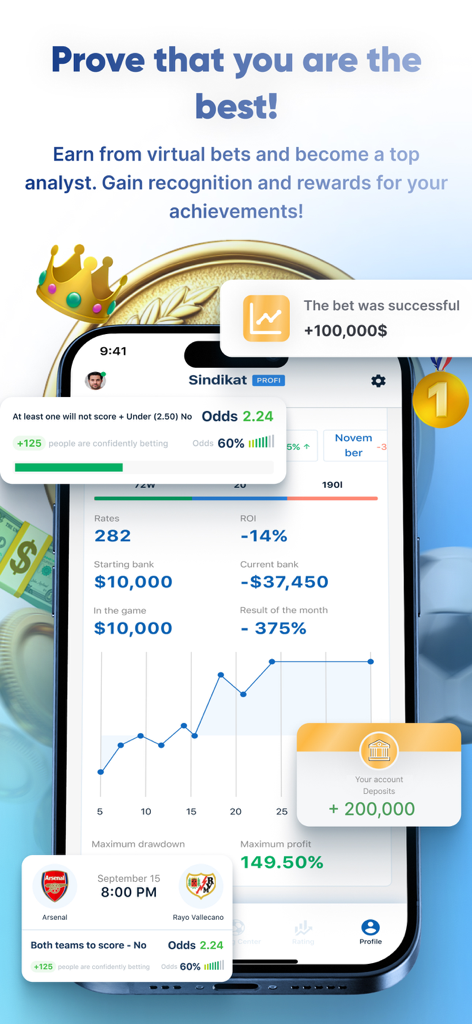 Kush: Betting Predictions - User profile in Kush app showing sports betting performance statistics, ROI graph, and achievement badges.