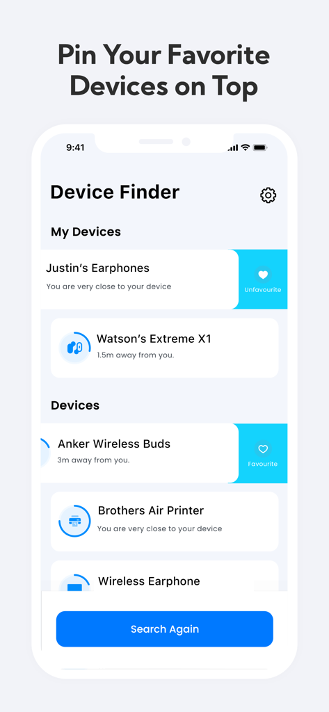 Interface of the Device Tracker app showing a list of Bluetooth devices with the option to pin favorite items on top