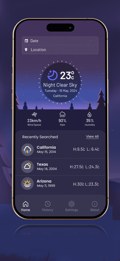 Main screen of The Past Weather mobile app displaying historical weather details for California