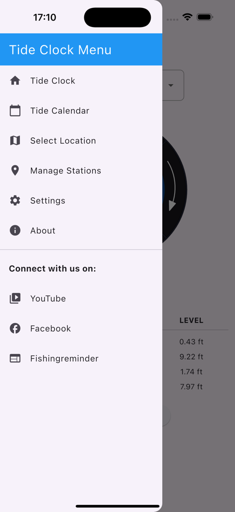 Side navigation menu of the Tide Clock and Tide Times app showing options for tide calendar locations and settings