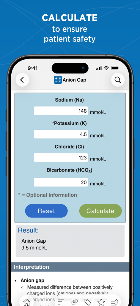 Interface do aplicativo Nursing Central mostrando uma calculadora médica para resultados de gap aniônico com base em valores de laboratório