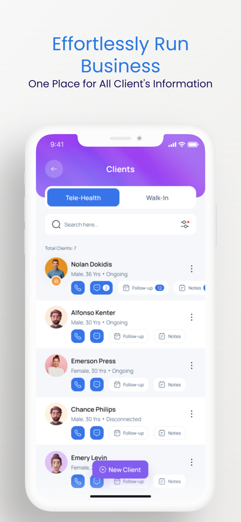 NutriSwift app dashboard displaying a list of clients with telehealth and walk-in management options for dietitians