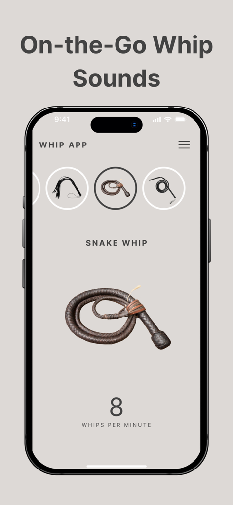 Whip Whip - Mobile app interface for Whip Whip showing the snake whip sound selection and whips per minute counter.