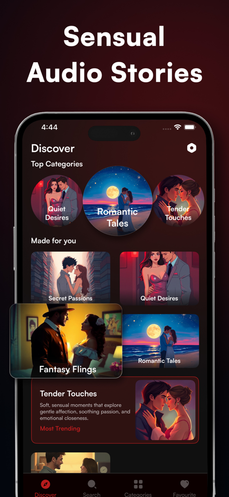 Erotic Audio Stories - Eroze - Página de descubrimiento de la aplicación Eroze que presenta varias categorías de historias de audio románticas y sensuales