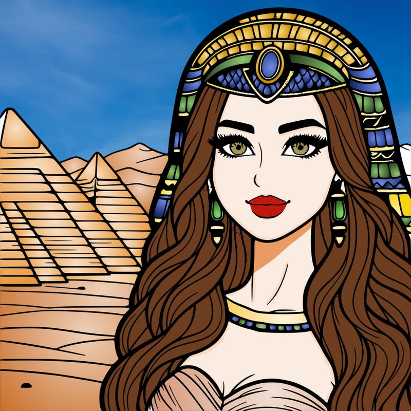 a beautiful realistic egyptian woman with pyramids behind her