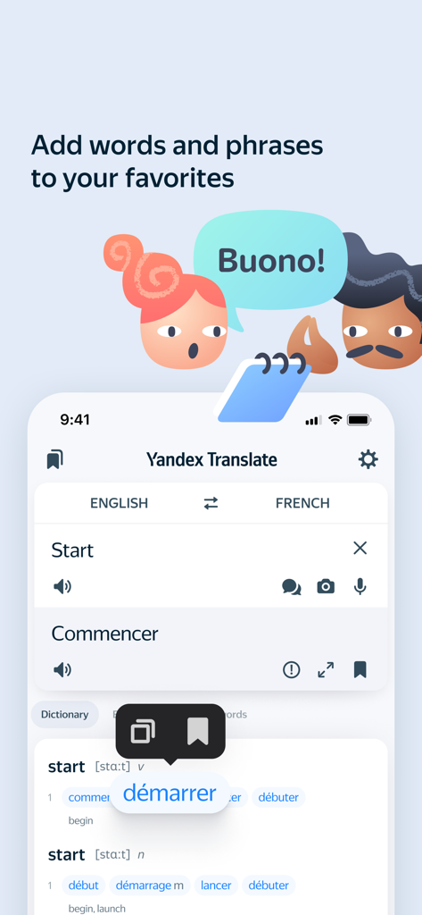 Yandex Translate - Interfaccia dell'app Yandex Translate che mostra come aggiungere parole e frasi ai preferiti e visualizzare sinonimi del dizionario