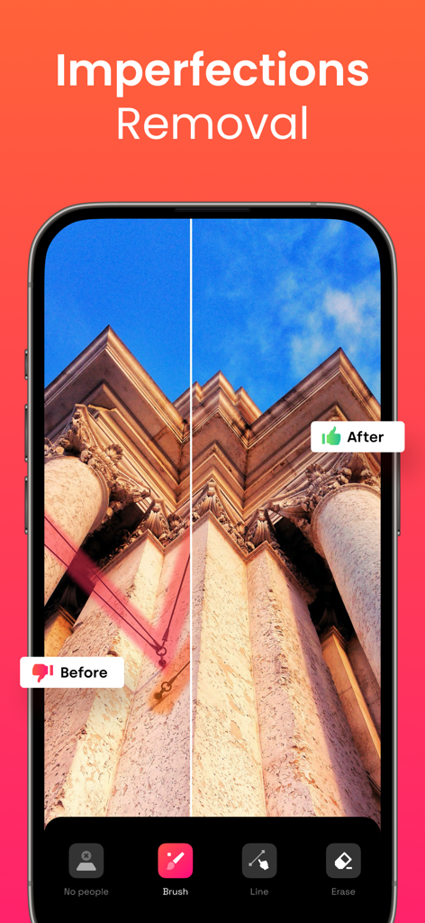Retouch AI - Remove Objects - Retouch AI 앱을 사용하여 건물 사진에서 전선 제거를 보여주는 전후 비교