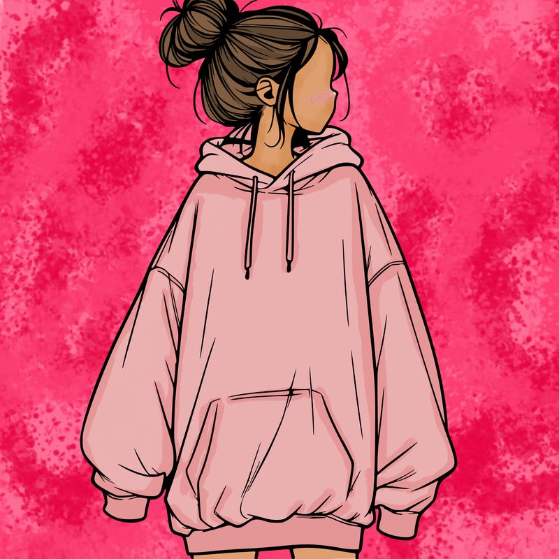 realistic girl with a oversized sweatshirt on and a bun