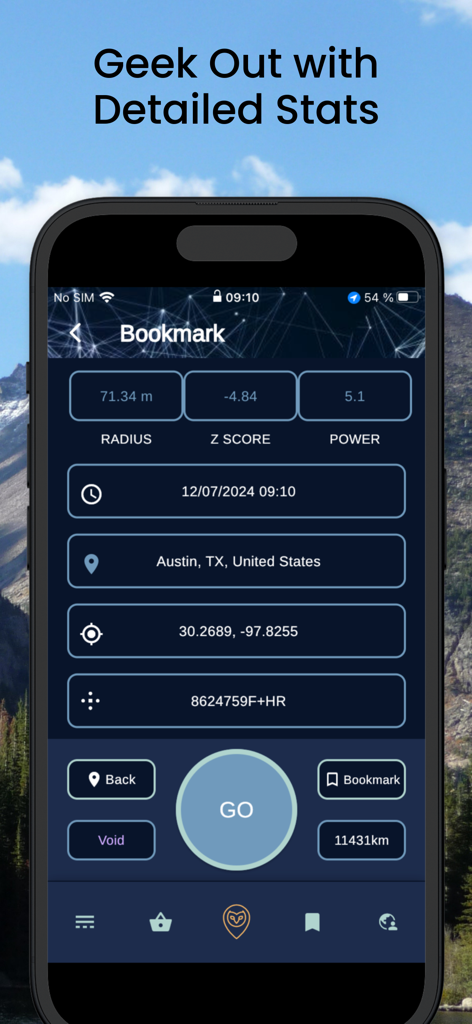 Capture d'écran de l'interface de l'application Randonautica affichant des statistiques détaillées, y compris la puissance du score Z et les coordonnées d'Austin, Texas