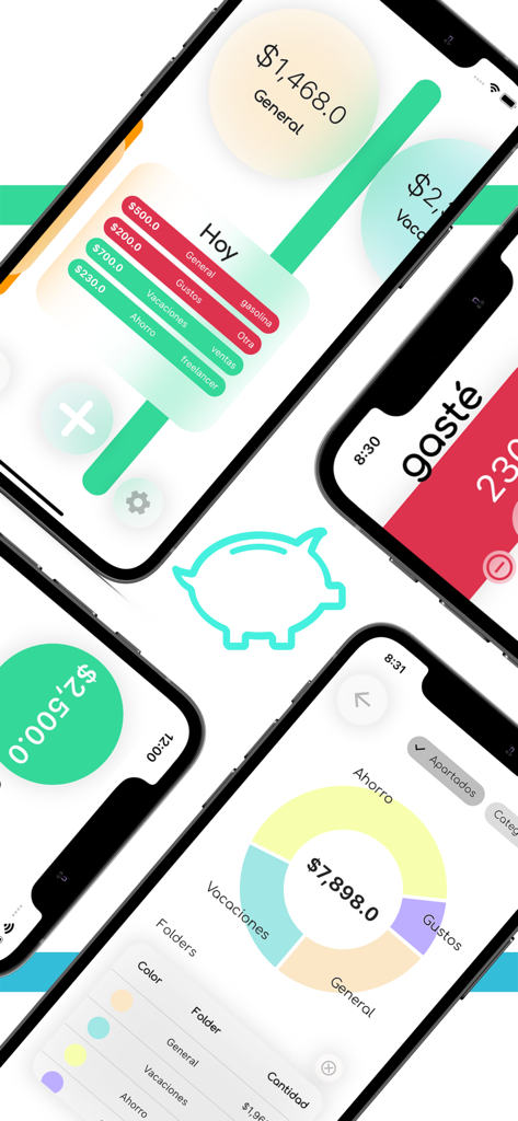 Multiple screenshots of the Simple Wallet App interface featuring expense tracking lists and a spending donut chart