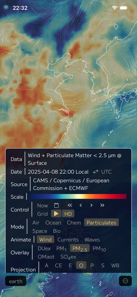 Animated map showing wind and particulate matter data visualization