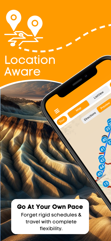 Death Valley NP Audio Guide app showing location aware GPS mapping and travel flexibility features