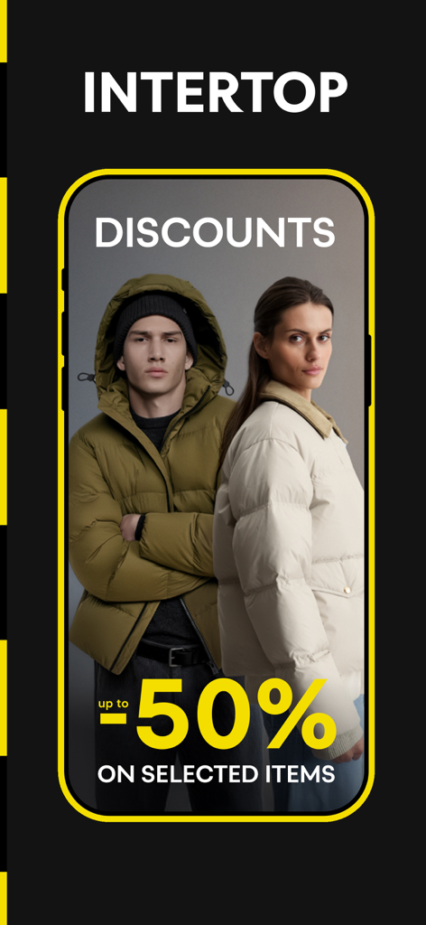 INTERTOP app screen showing a 50 percent discount promotion on selected fashion items with models wearing puffer jackets