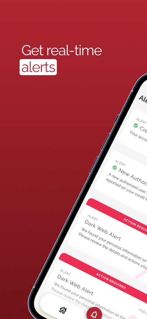Interface do aplicativo IdentityIQ em um iPhone exibindo alertas em tempo real da dark web e de crédito
