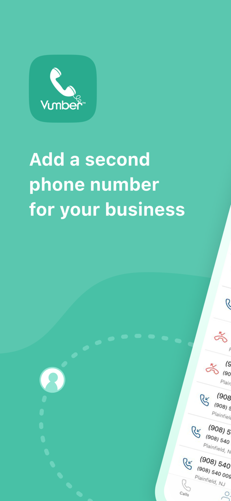 Vumber app splash screen showing the option to add a second phone number for your business