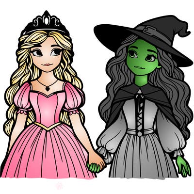 a princess and a witch holding hands realistic