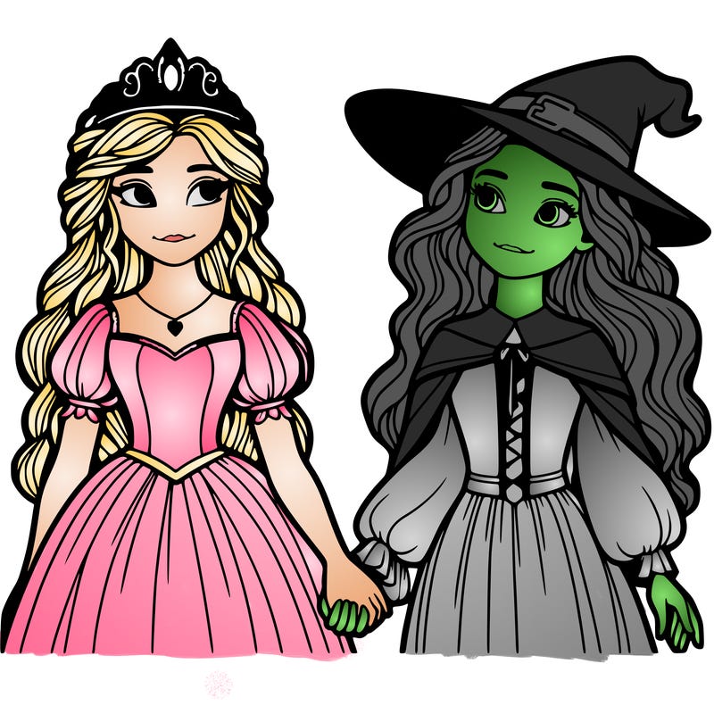 a princess and a witch holding hands realistic