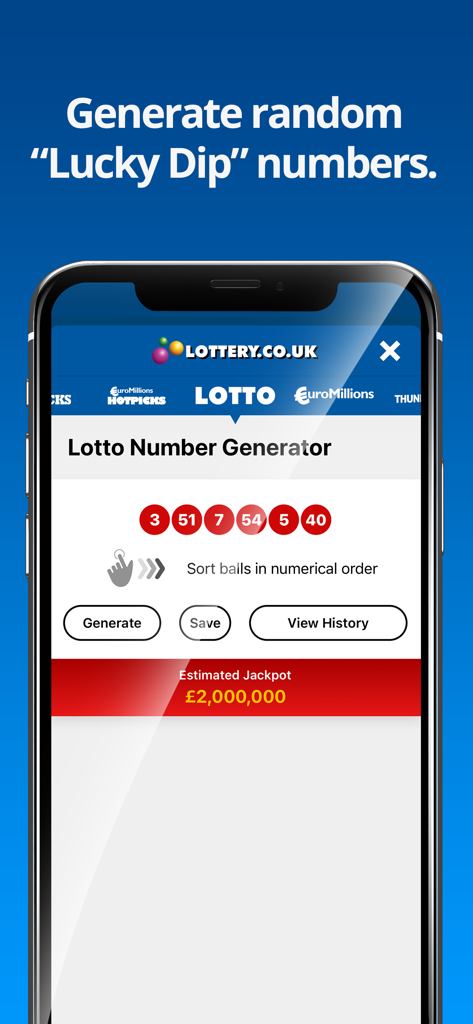 National Lottery Results - Captura de pantalla de la aplicación National Lottery Results que muestra la función Lotto Number Generator con un conjunto de números aleatorios e información estimada del premio mayor.