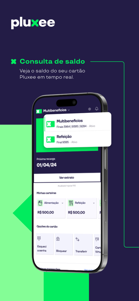 Pluxee Brasil - Pluxee Brasil app interface showing real-time balance and benefit card management options