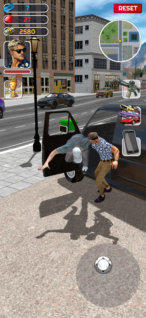 Action scene in Gangster Life where a character pulls a driver out of a car on a city street