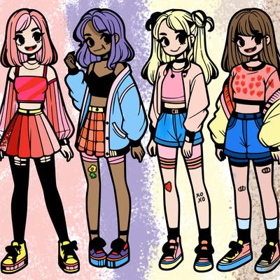 one girl with crop-top shirt and a jacket with a skirt, long socks and another girl with a shirt and pants with a jacket