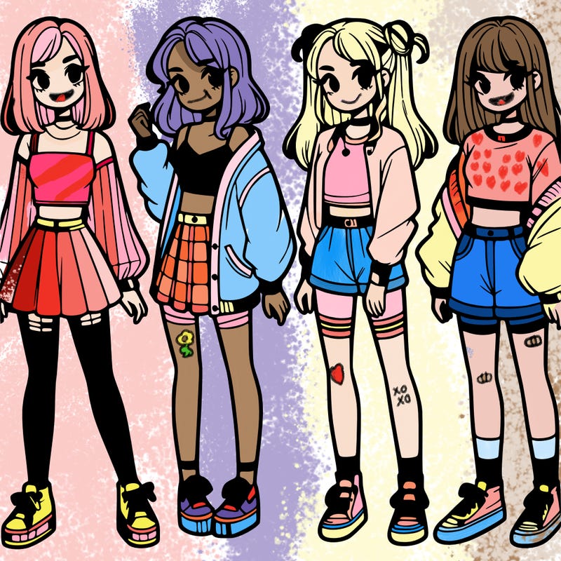 one girl with crop-top shirt and a jacket with a skirt, long socks and another girl with a shirt and pants with a jacket