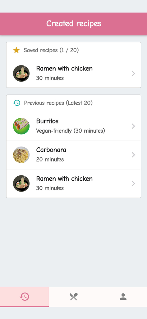 Robot Chef - Quick recipes - Pantalla de la aplicación Robot Chef mostrando una lista de recetas guardadas y anteriores generadas por IA como Ramen y Burritos.