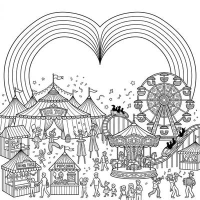 Experience the wonder of a bustling carnival framed by a magnificent twinned rainbow arch. This vibrant coloring page is packed with festive rides, lively performers, and delicious treats, promising hours of creative fun.