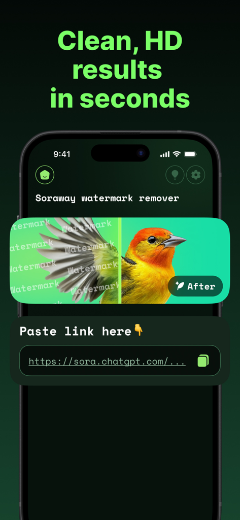 Soraway Watermark Remover AI - Interfaz de la aplicación Soraway IA mostrando una comparación del antes y el después de la eliminación de marcas de agua en un video de pájaros