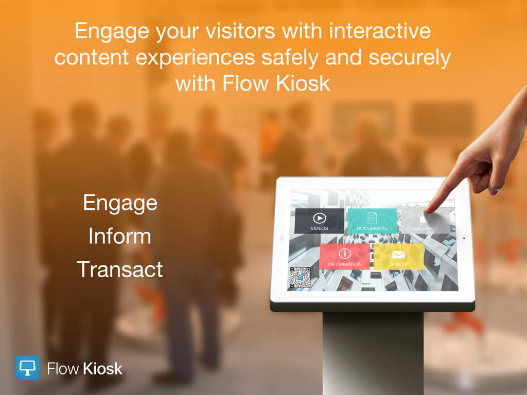 Flow Kiosk: Offline iPad Kiosk - A person interacting with an iPad kiosk display showing video and document options at a trade show