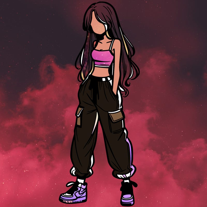 girl in baggy pants crop top and long hair