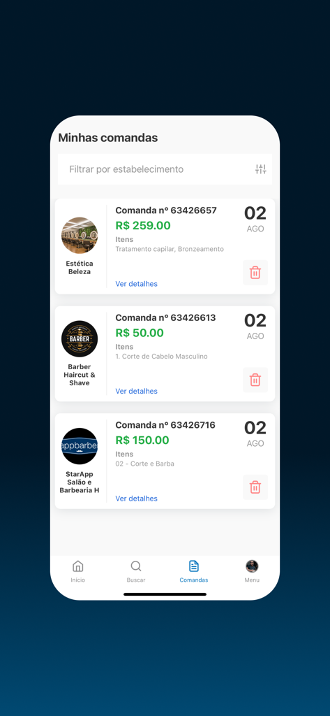 A list of past grooming service tickets with prices and dates in the AppBarber app