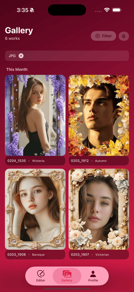 Qiui - Frame Your Moments - Visão de galeria no aplicativo Qiui exibindo fotos de retrato com vários estilos de moldura estética