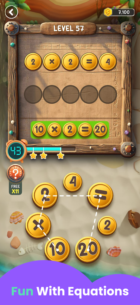 Math Puzzle Games for Kids - Childrens math puzzle game screen showing multiplication equations on a beach-themed background