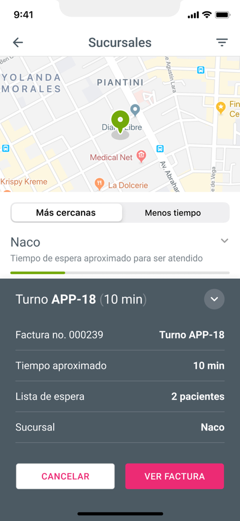 Aplicação do laboratório clínico Amadita mostrando localizações de sucursais num mapa e informações de turnos na fila virtual