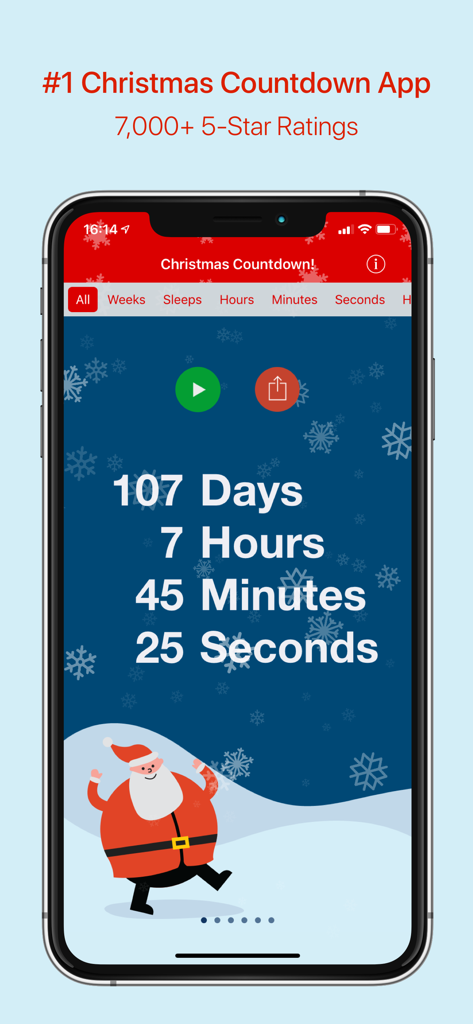 Christmas Countdown app interface showing days hours minutes and seconds remaining with a Santa Claus illustration