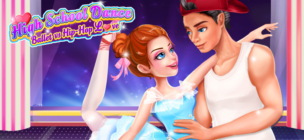 A ballet dancer and a hip-hop dancer posing together on a stage in High School Dance Love Story.